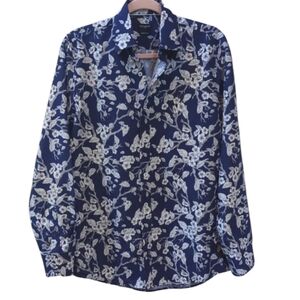 Navy Blue And White Floral Men's Casual Button-down Shirt. Rosso Milano. Small